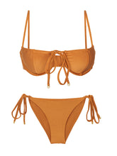 Load image into Gallery viewer, Product Front: Rio De Sol Ensemble Set Shimmer-Nocciola Balconet-Tie Cheeky-Tie-Gold