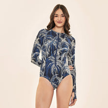 Load image into Gallery viewer, Model Front: Uv Line Une Pièce Swimsuit Macae Coconut Palms Navy Blue Upf50+