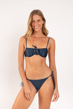 Load image into Gallery viewer, Model Front: Rio De Sol Bas Bottom Shimmer-Shark Cheeky-Tie-Gold