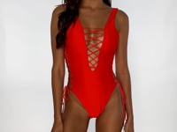 Load and play video in Gallery viewer, Video: Luli Fama Une Pièce Bodysuit Hot Tropics Red