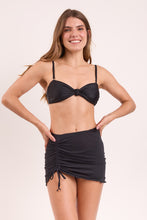 Load image into Gallery viewer, Model Front: Rio De Sol Jupe De Page Black Mini Skirt Ruched
