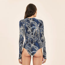 Load image into Gallery viewer, Model Back: Uv Line Une Pièce Swimsuit Macae Coconut Palms Navy Blue Upf50+
