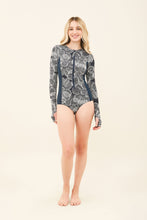 Load image into Gallery viewer, Model Front: Uv Line Une Pièce Swimsuit Macae Dahlia Navy Blue Upf50+
