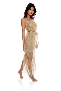 Cross Halter Long Fringe Dress Gold Rush