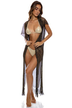 Load image into Gallery viewer, Model Front: Luli Fama Vêtement De Plage Long Caftan Siren Dream Black Gold

