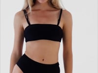 Load and play video in Gallery viewer, Video: Rio De Sol Ensemble Set Shimmer-Black Bandeau-Reto Hotpants
