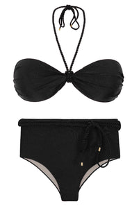 Product Front: Rio De Sol Ensemble Set Shimmer-Black Twist Belted-High-Waist